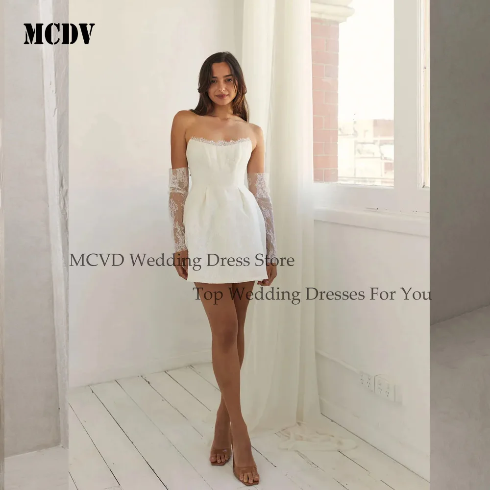 

MCDV Short White Wedding Dresses Sleeveless Sweetheart Mini Bridal Dress Women Evening Wedding Prom Gowns Customized Above Knee
