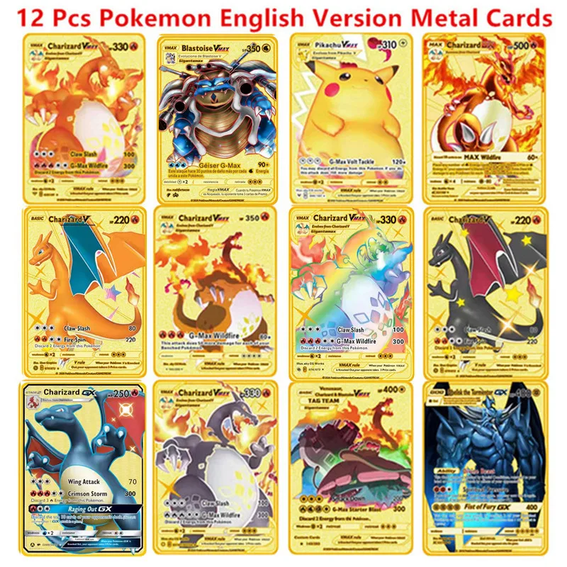 

Pokemon English Metal Game Collection Card Anime Figure Charizard Pikachu Blastoise Mewtwo Battle Collection Carte Card Toy Gift