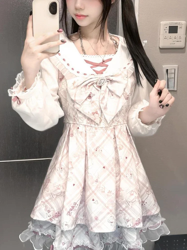 

Spring Sweet Lolita Japanese Fashion Dress Women Printed Bow Lovely Fake Two-piece Clothes New Design Slim Kawaii Party Dresses