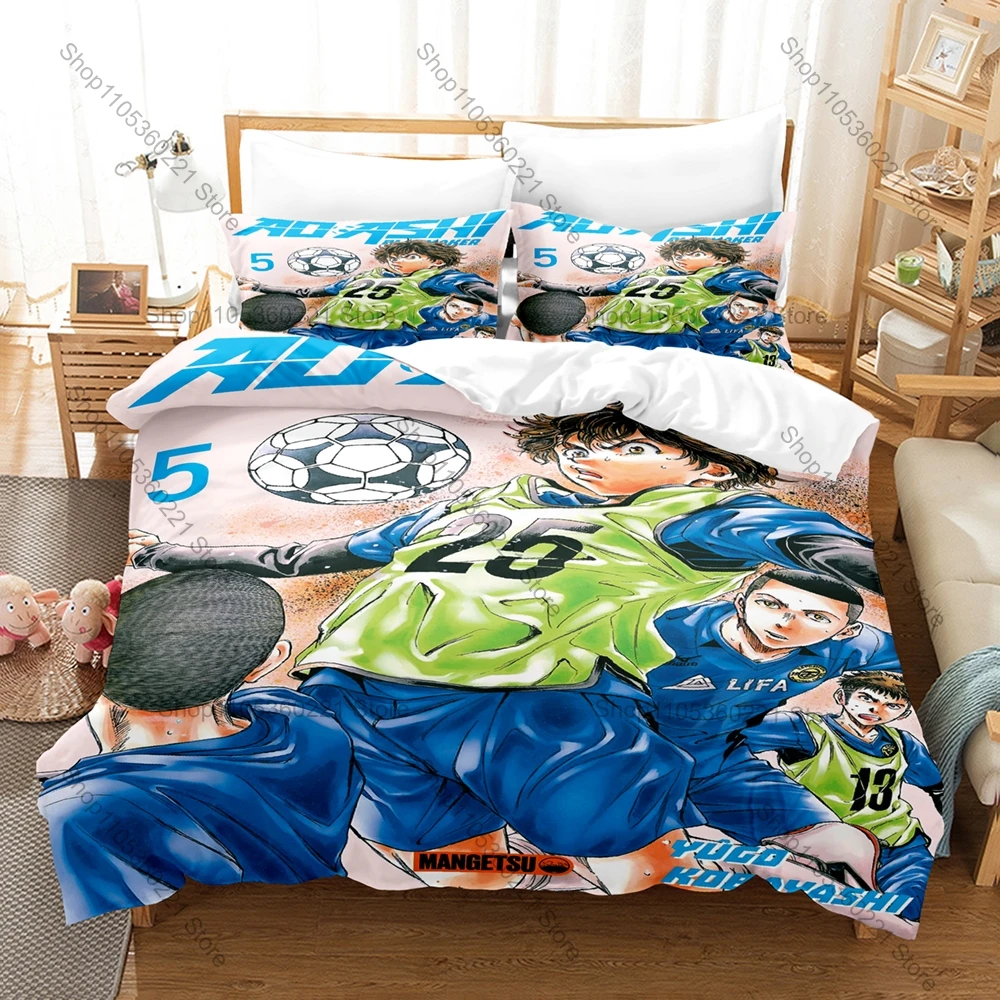 Cool Ao Ashi Football Anime Duvet Cover + 2 Pillowcases 3D Sport Print Polyester Bedding Teen Bedroom Decor Bed Linens
