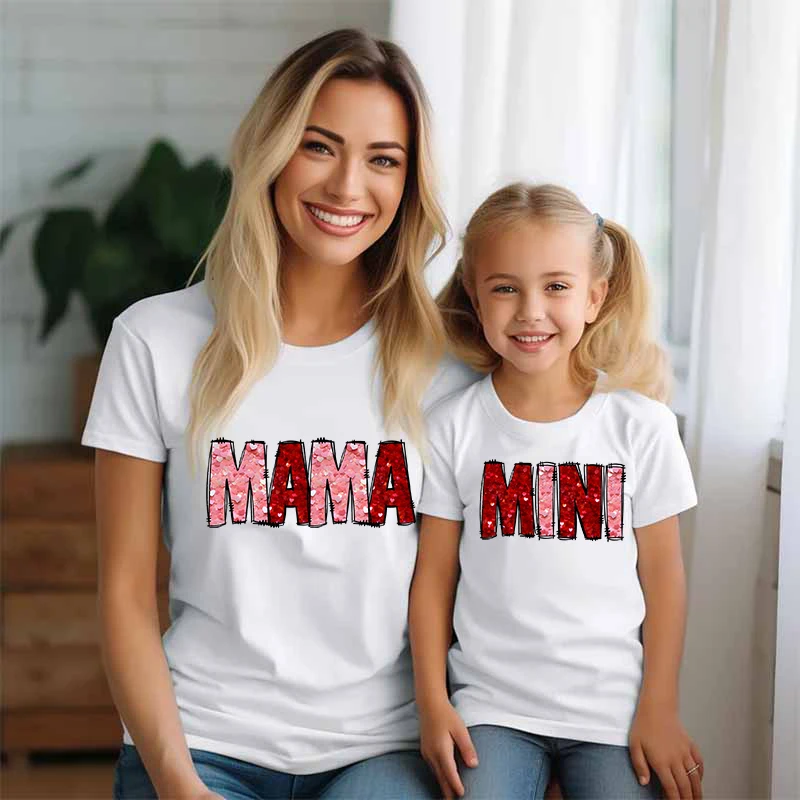 Trendy Mama Mini Graphic T Shirts Mother Daughter Matching Outfits Baby Girl Boy Clothing Mama Mini Classic Crew Neck T-shirt