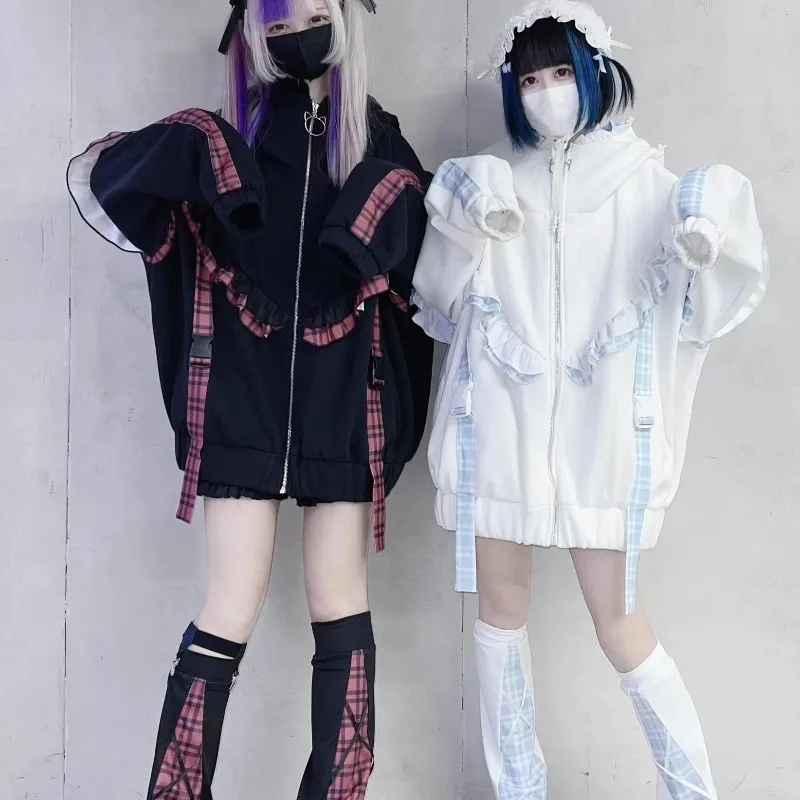 Women Harajuku Gothic Zip Up Hoodie Ruffle Plaid Strap Long Sleeve Hooded Jacket Y2K Aesthetic Streetwear Outerwear Fashion New