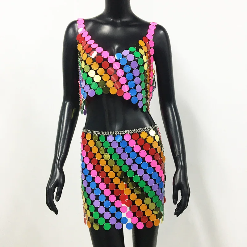 Rainbow Sequin Disc Cami Top Handmade Squamous Glitter Sequins Patchwork Strappy Nightclub Party Skirt and Halter Top 2026 image 5