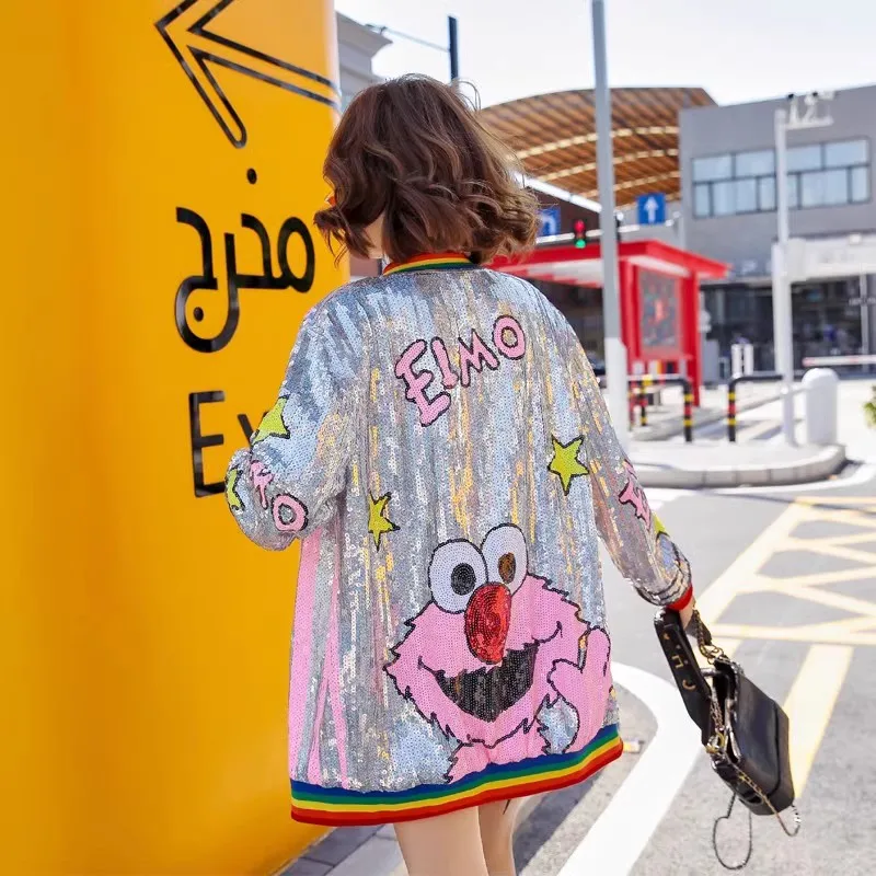 

Fashion Sequined Cartoon Print Coats Female Spring And Autumn Korean Loose Outerwear Long Sleeved Hip Hop Jackets