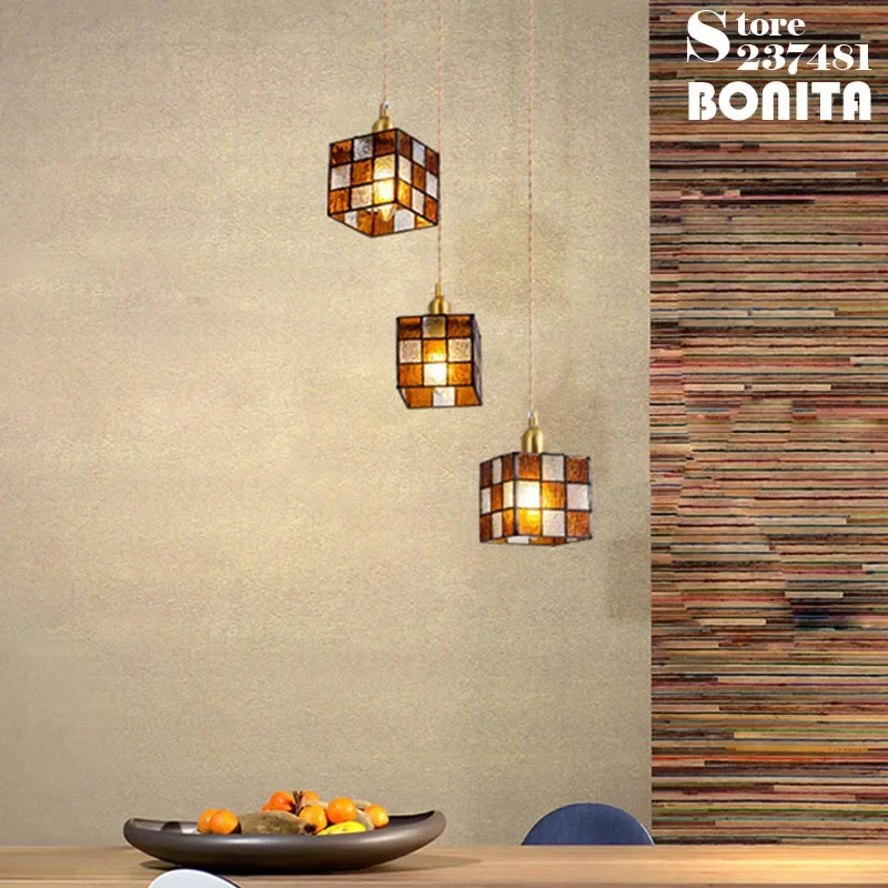 Retro Mediterranean/Southeast Asian style Rubik's Cube Cord Pendant Light All Copper Colored Hand-Painted Glass Pendant Lamp