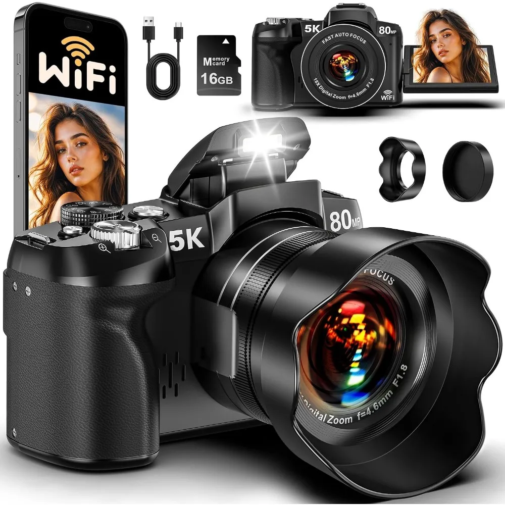 5K Digital Cameras: Fast Autofocus 80MP WiFi Vlogging with 3" Flip Screen and 18X Zoom for YouTube and Travel Photography