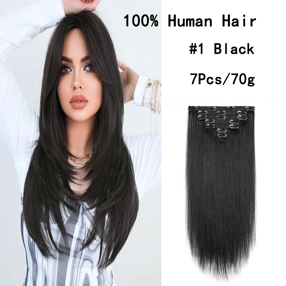 

Clip in Hair Extensions Real Human Hair 70g 7pcs Natural Hair Extension Remy Hair Soft No Tangling Hair Extensions Black Clip In