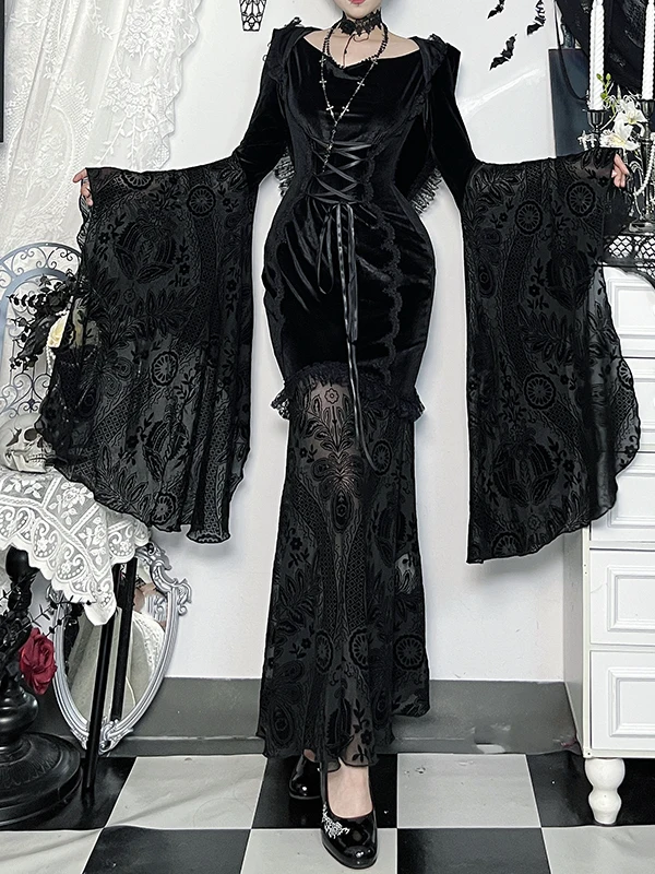 Gothic Sle Halloween K Heksenkostuum Dr Belted Cowl Ne Lange Rok met Puffy Sves Dames Faion Polyestervezel