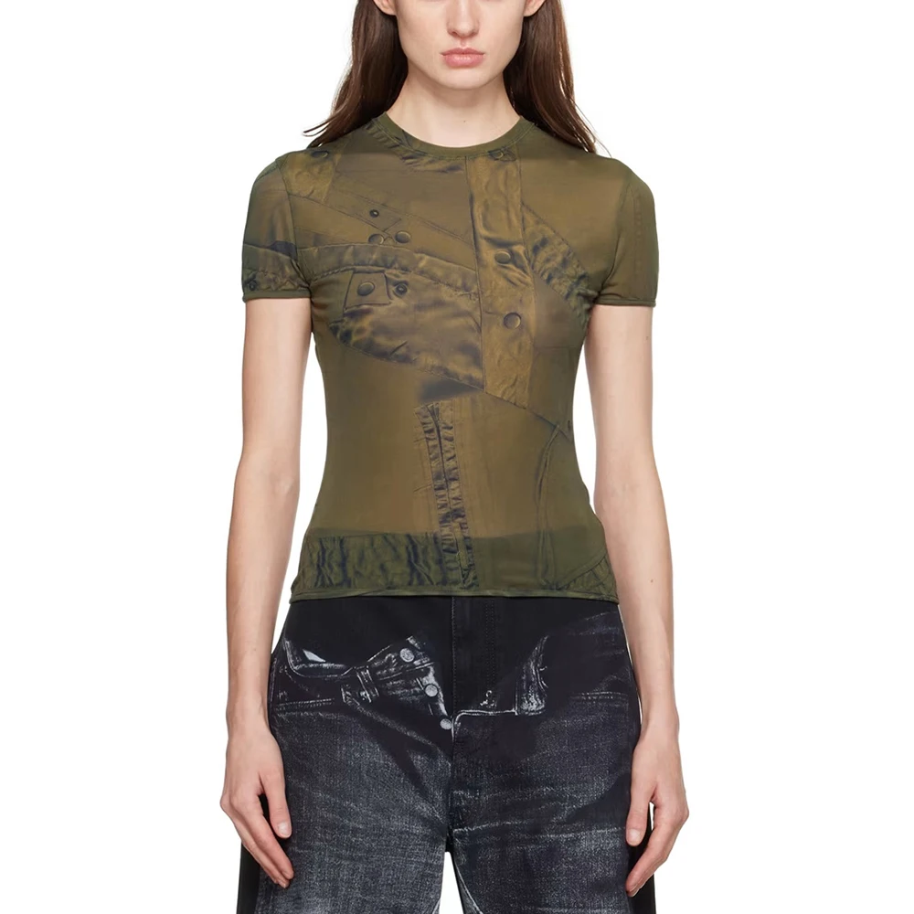 Women's Short Sleeve Round Neck Tees Top, Printed Stretch, Slim, Casual, Hundred, Spring and Summer, New, Y2K Fashion, 2024