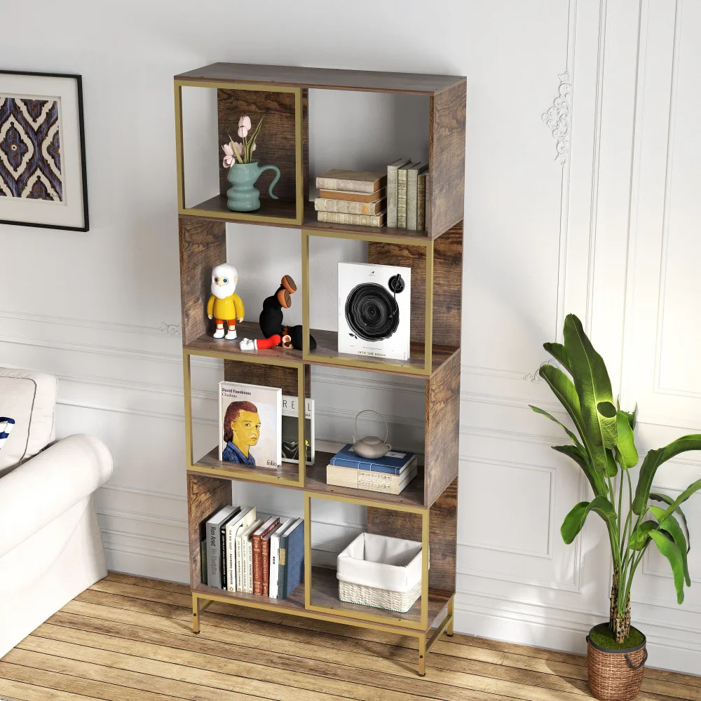 

4-Tier Industrial Bookcase with Rustic Wood and Metal Frame, Asymmetrical Shelves, Space-Saving Design for Living Room