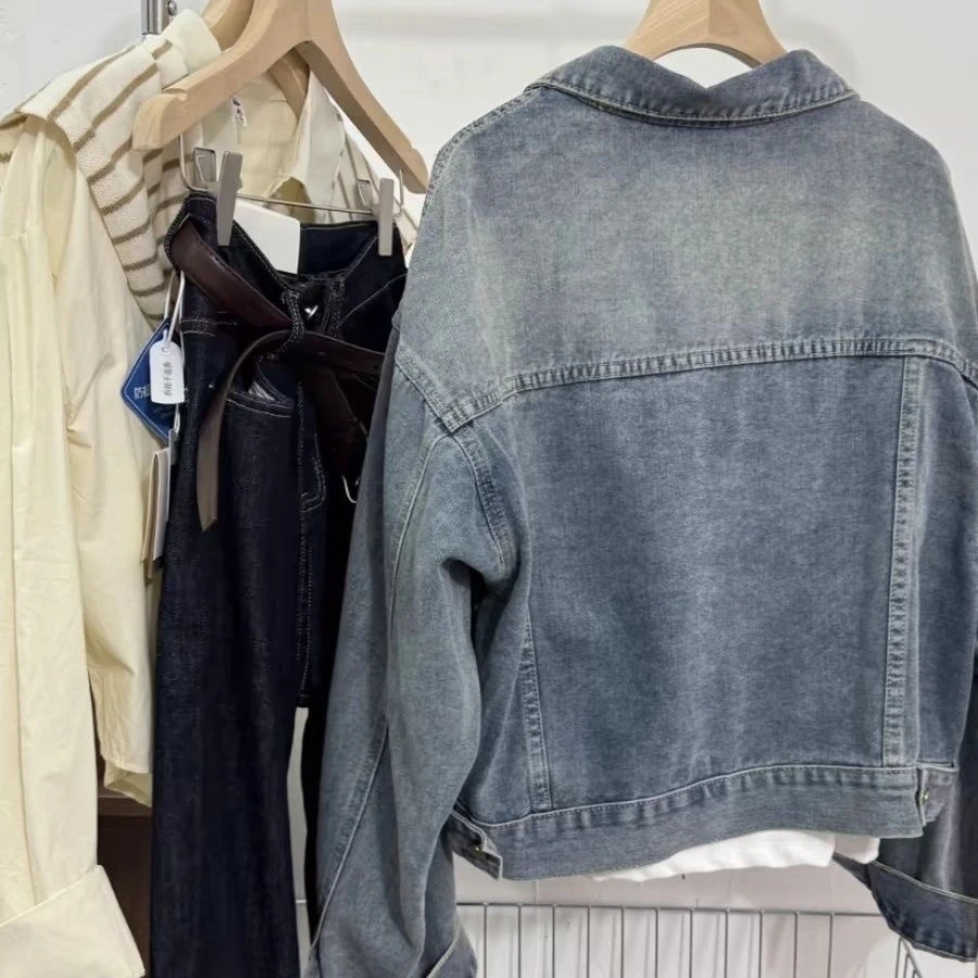 Retro Vintage Short Blue Denim Jacket Women Loose Casual Top Spring Autumn New Style Hong Kong Style Light Blue Outerwear