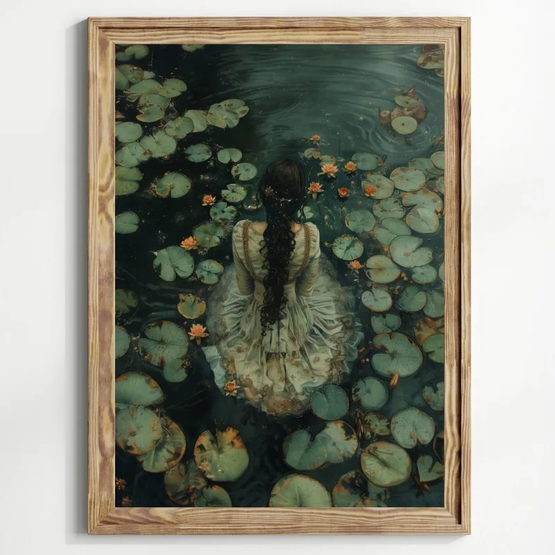 Ophelia Dark Academia Goth Moody Victorian Woman Lake Lotus  Poster Canvas Painting Print Wall Art Cottagecore Home Decor