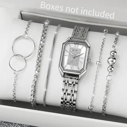 6PCS/Set Fashion Rectangle Women's Watch Silver Steel Band Ladies Quartz Watches Bracelets Set（Without Box）