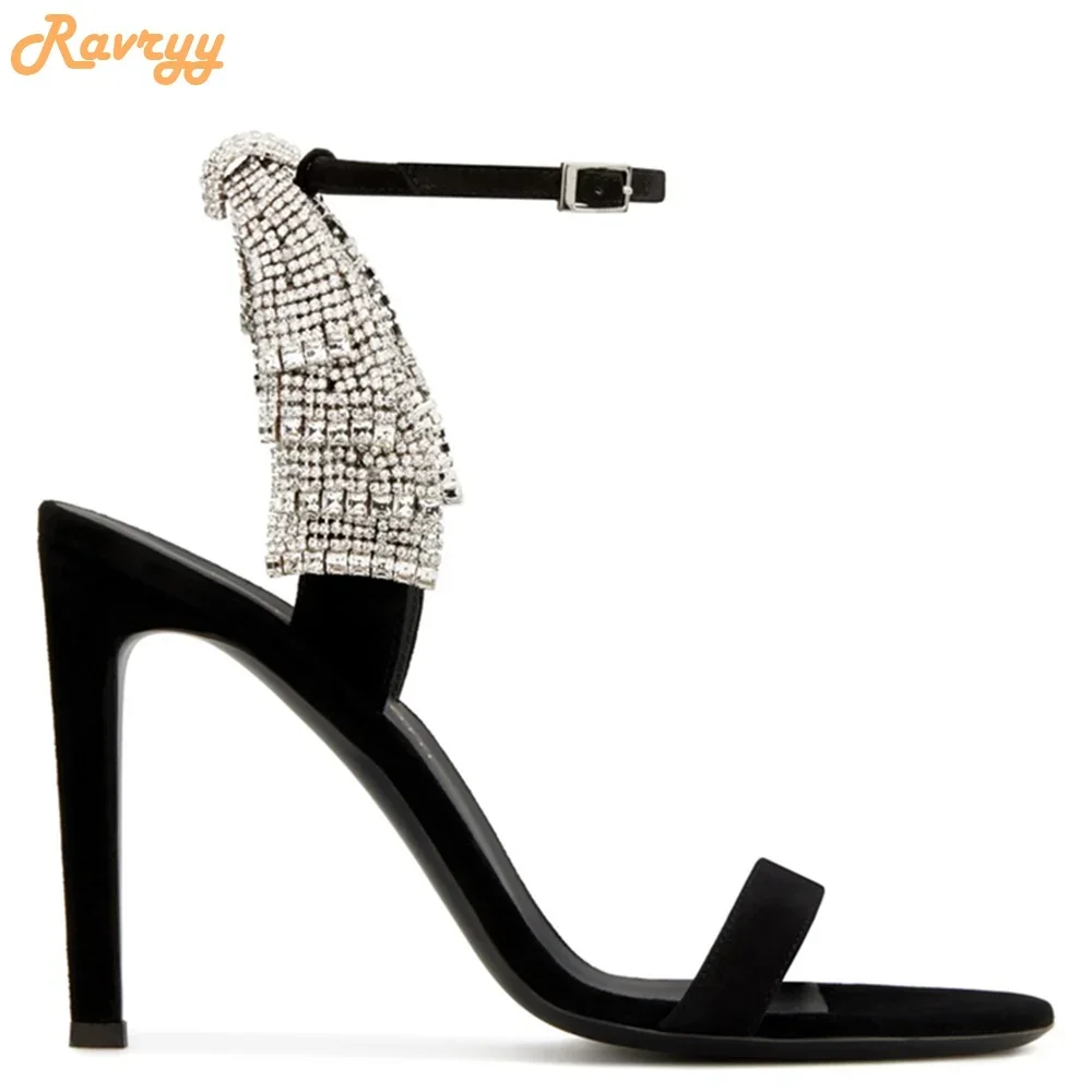 Rhinestone Bling Bling Ankle Strap Sandals Black/silver Sexy High Heels Thin Heel One Word Belt Hollow Women Summer Shiny Sandal