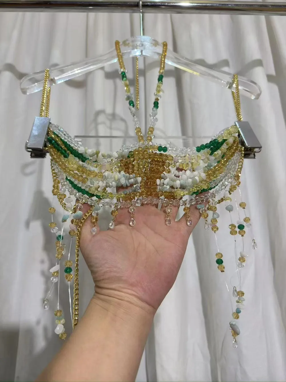 

Women Handmade Hollow Out Irregular Multi Beaded Body Chain Halter Vest Romantic Bra Backless Beachwear Music Festivals top