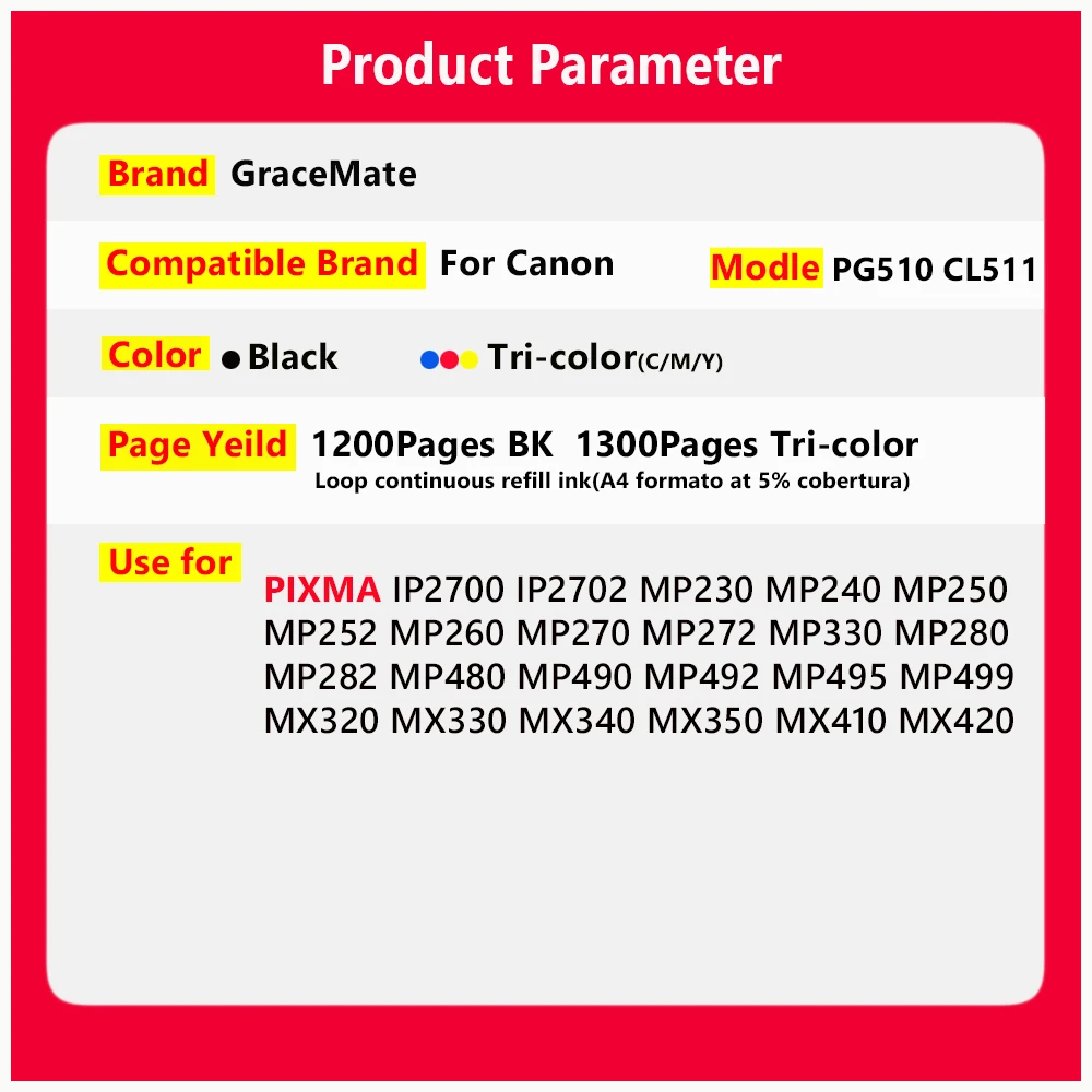 Imagem -02 - Cartucho de Tinta Recarregável Compatível para Impressora Canon Pixma Ip2700 Mp330 Mp480 Mp490 Mp492 Mp495 Mp499 Pg510 Cl511