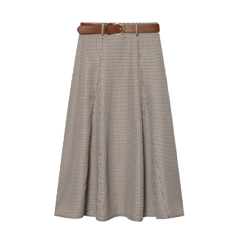 Winter New Women's Checkered Midi Skirt with Belt Half-length Cowl Neck Design Commute Style High Waist Loose Fit A-Line Skirt