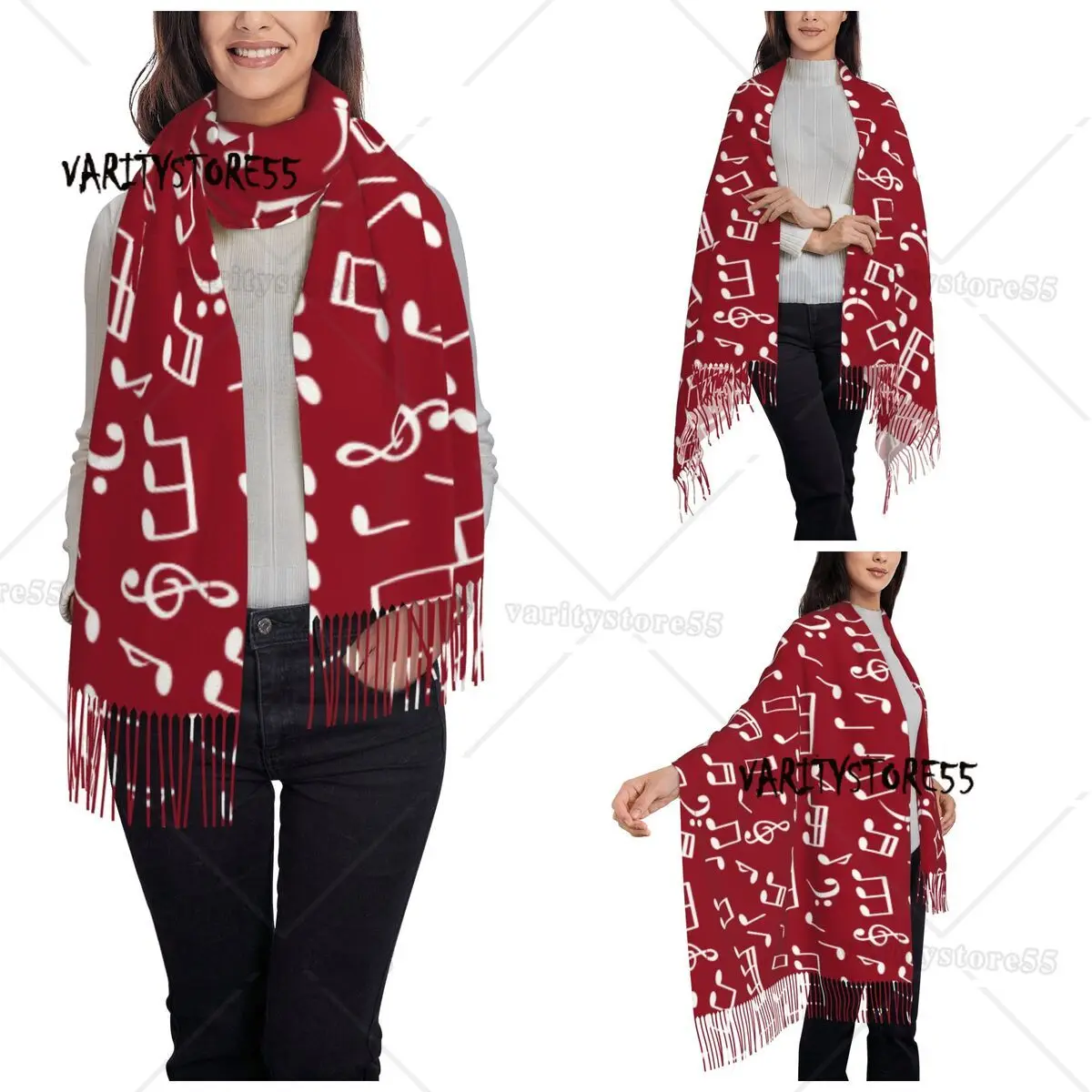 Womens Tassel Scarf Music Notes Red Long Soft Warm Shawl and Wrap Musical Cute Cartoon Gifts Pashmina Scarves