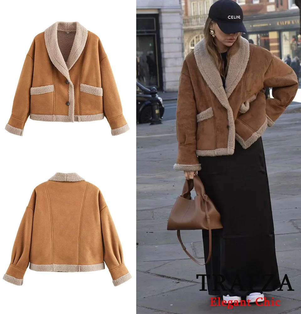 TRAFZA Winter Loose Faux Fur Coat Women's Lapel Buttons Fleece Coat Jacket New 2024 Winter Fashion High Street Casual Coat