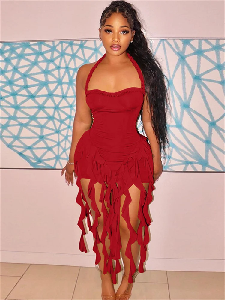 Ladies Summer Ruffle Fashion Evening Birthday Party Dress Women Sleeveless Backless Halter Mini Dresses Woman Clothes Clubwear