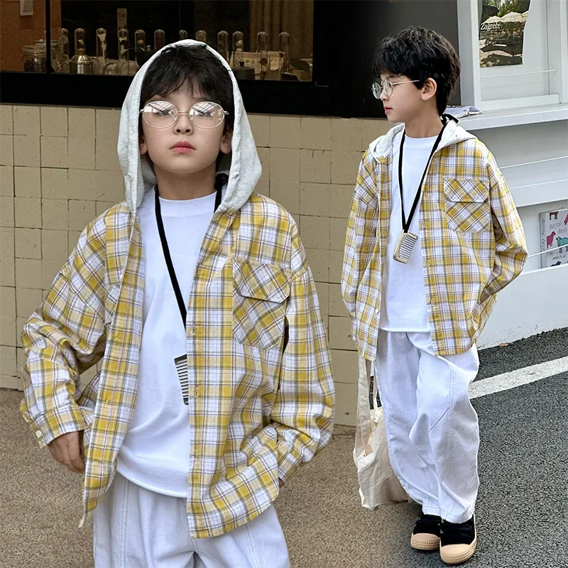 Children Plaid Hooded Shirt Color-blocked For Boys Long Sleeve Blouse With Hoodies Teenage Kids Spring Autumn Clothing Outerwear