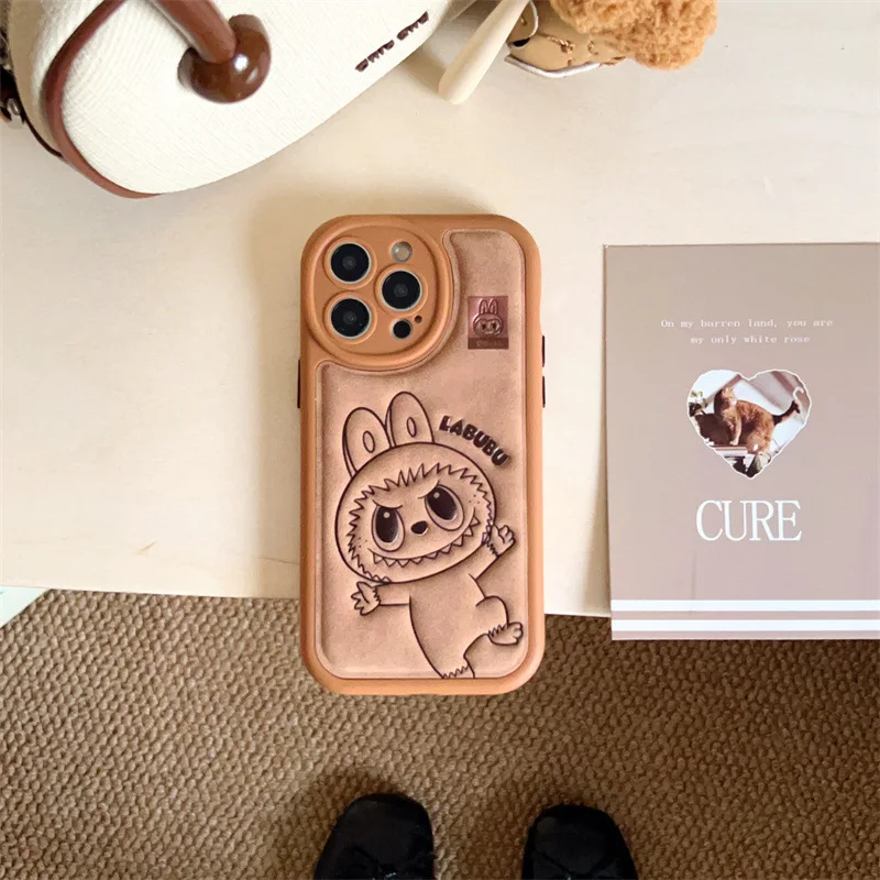 Labubu 3D Leather Pattern Cute Phone Case iPhone 13 14 15 16 Leather Color Plated Anti Shock  Fall Winter Girl Gift