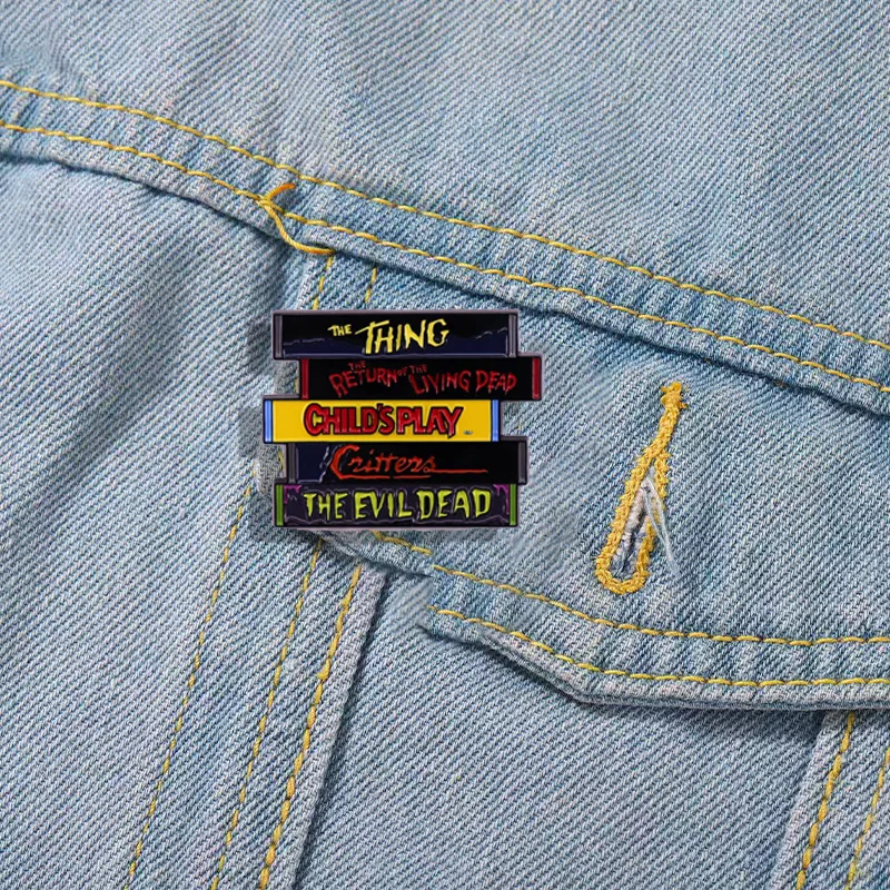 Vintage Video Tape Enamel Pin Horror Movie Badge Mens Backpack Pin Brooch Halloween Punk Accessories Gift