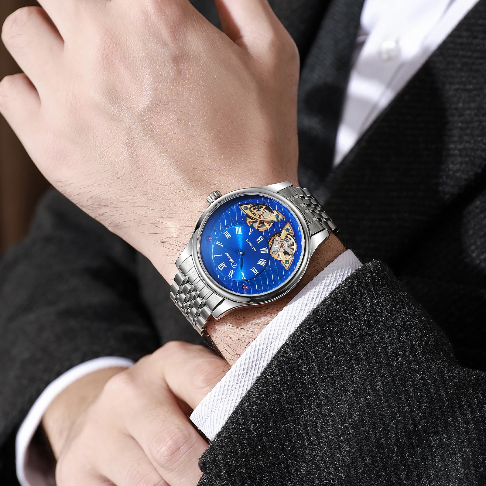 Dulunwe New Double Flywheel Mechanical Men Automatic Watch Fashion Fish Scale Pattern Dial Design Luxury High Quality Wristwatch