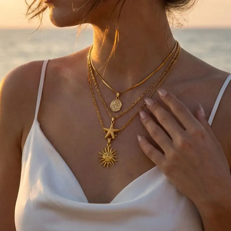 

Stainless Steel Ocean Series Starfish Pendant Necklace For Women Gold Color Textured Rose Flower Sun Choker Beach Party Jewelry