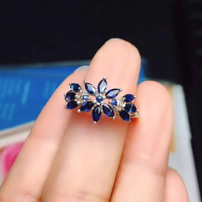 Unique Design Silver Inlaid Marquise Shape Sapphire Rings For Women Delicate Fashion Engagement Dinner Jewelry Adjustable