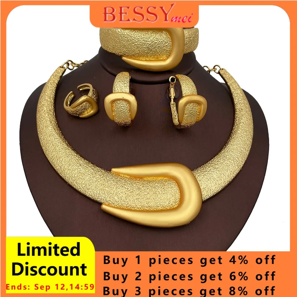 

2025 New Exaggerate Jewelry Set Dubai Gold Color Large Necklace Bangle Africal Big Earring Ring Wide Bracelet Bridal Jewellery