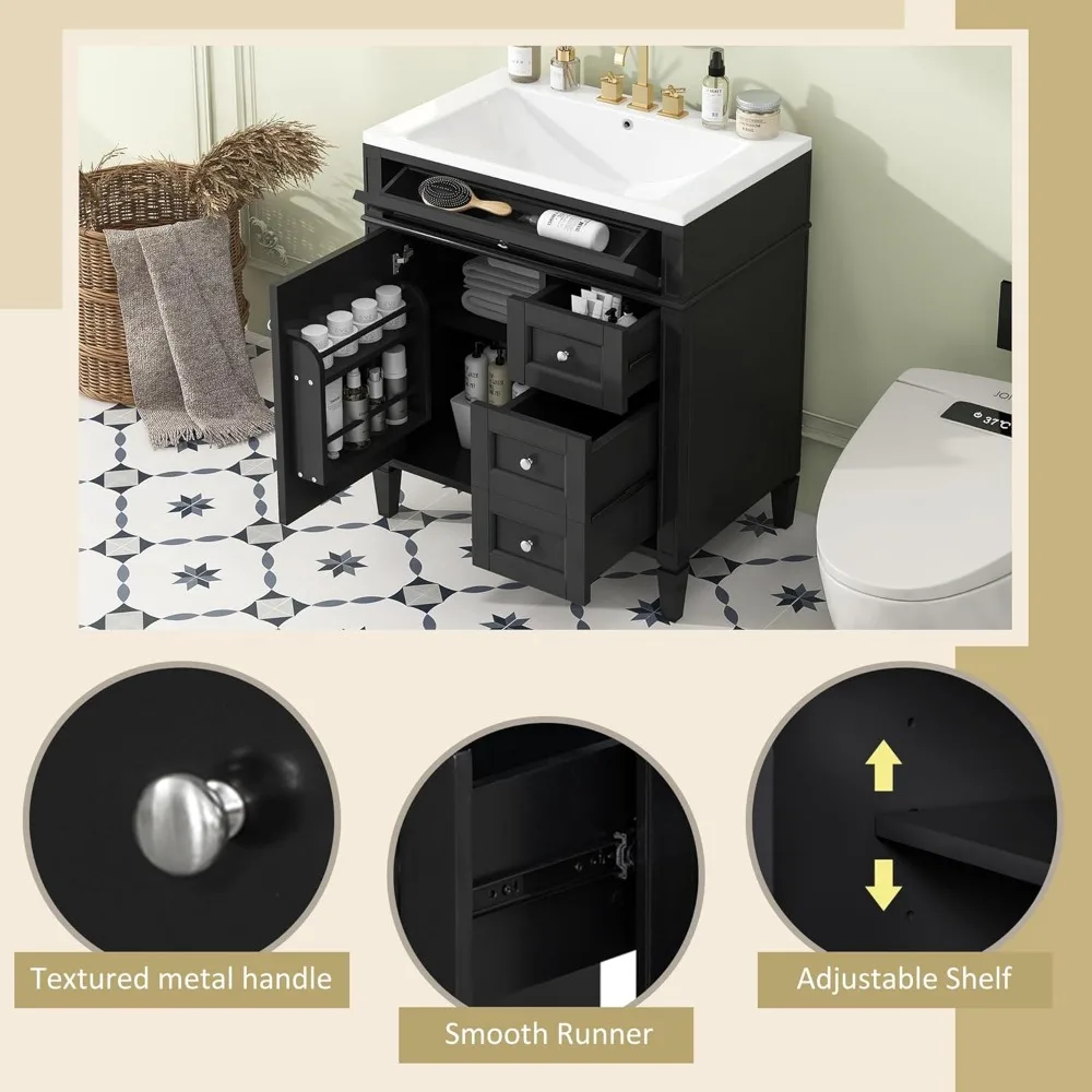 30" Bathroom Vanity, Modern Undermount Sink Cabinet, Freestanding Bathroom Vanities, Soft Closing, Solid Wood Frame (Black)