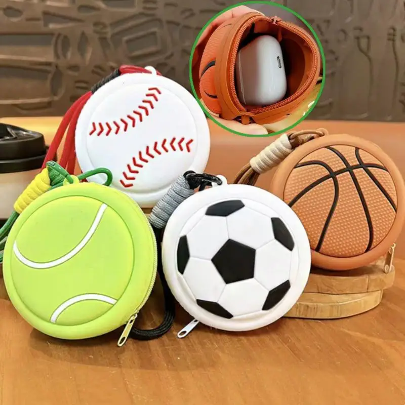 10pcs Basketball Football Silicone Coin Purse Keychain Mini Earphone Storage Bag Zipper Pouch Gift