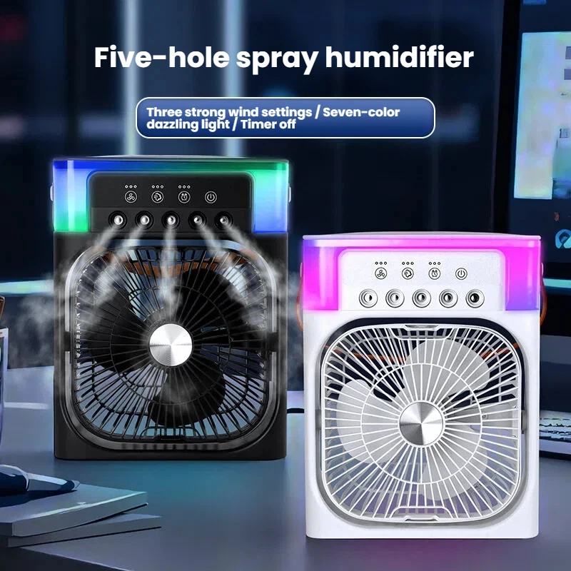 Large Five-Hole Humidifying Misting Fan USB Rechargeable Desktop Portable Fan with Colorful Lighting