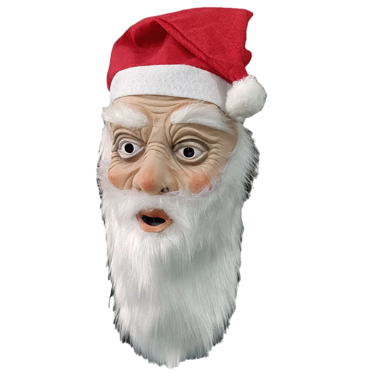 Santa Claus Latex Facewear, Realistic Full Face Covering with White Beard Red Cap Props for Christmas Party Supplies