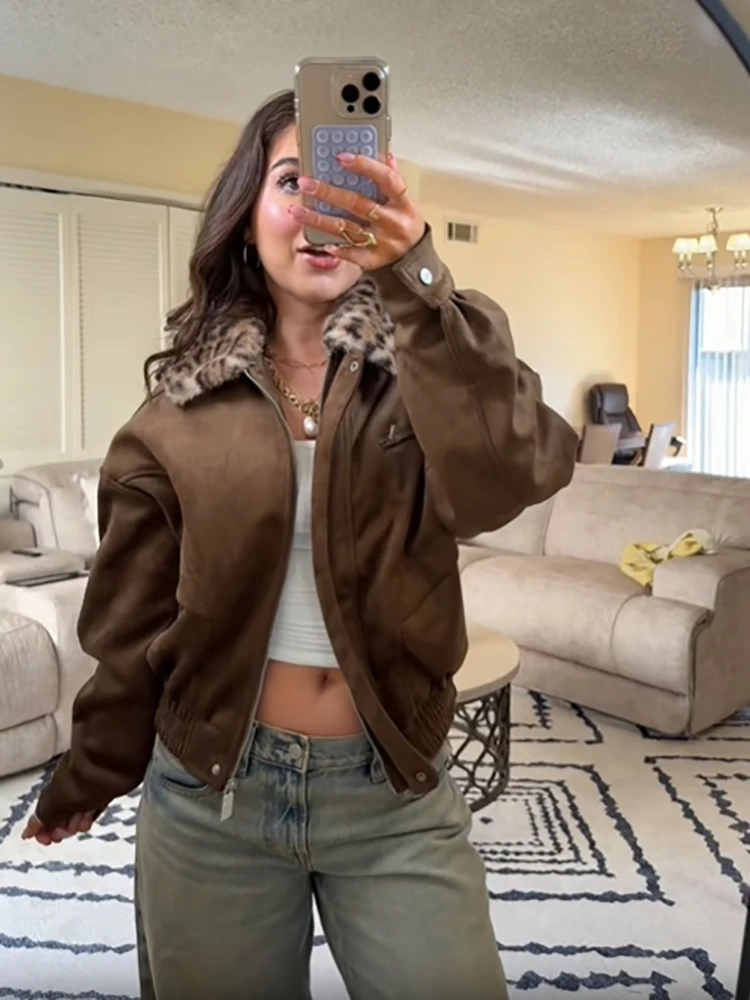Y2k Leopard Faux Fur Collar Suede Jacket Women Retro Zip Up Cropped High Waist Elastic Hem Caot Fall Winter Streetwear Outerwear