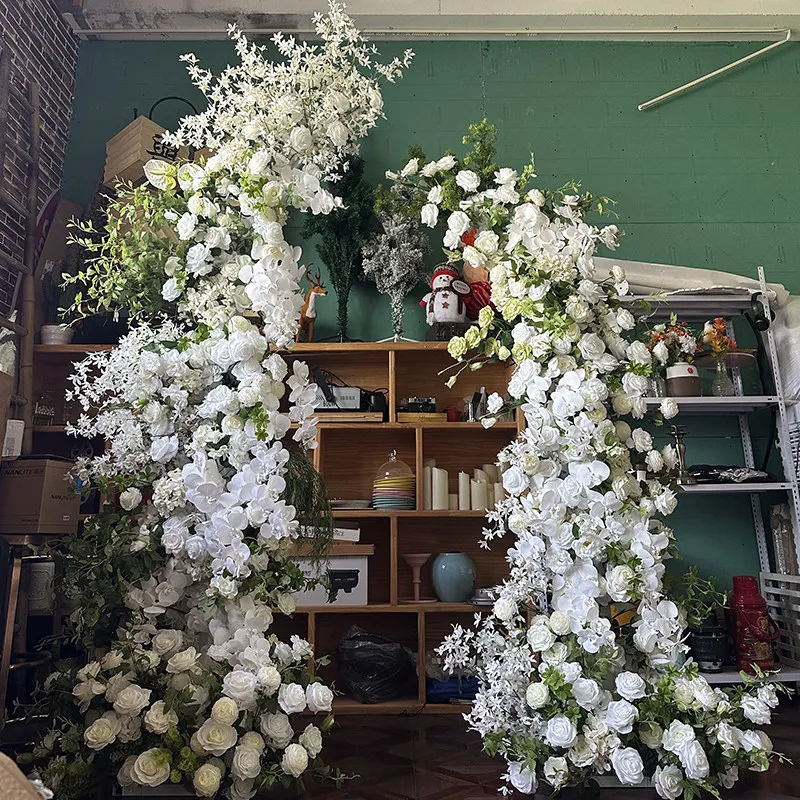 Wedding decoration: white forest-style horn arch set, realistic silk flower stage welcome background photography prop flower