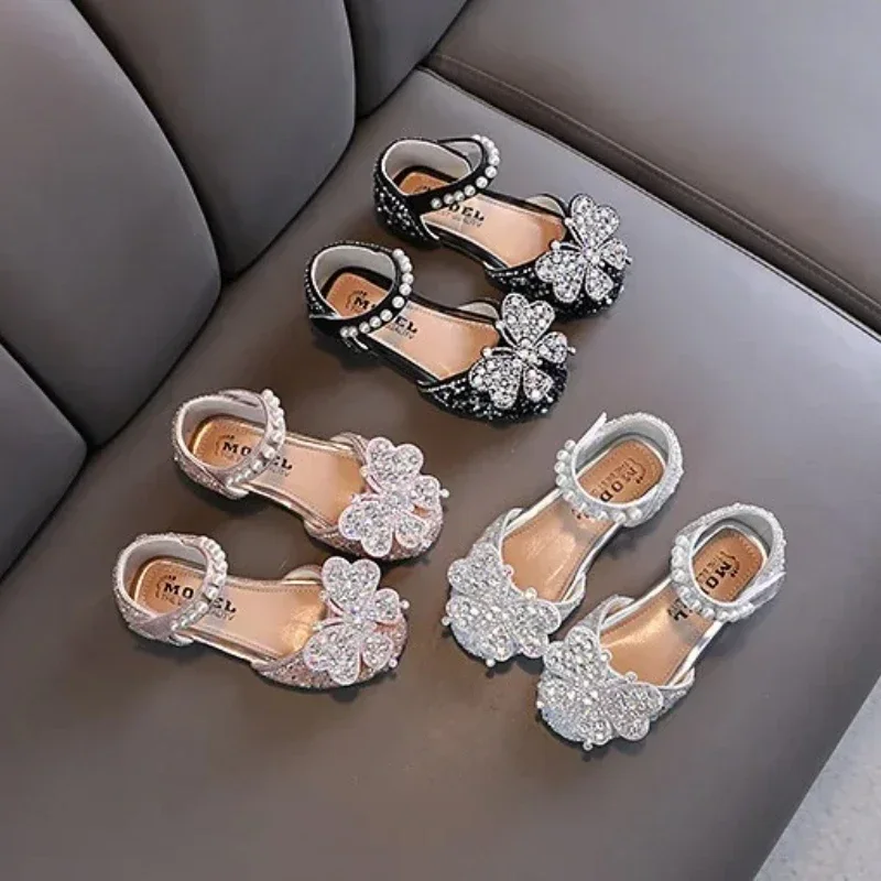 Girls Autumn Single Shoes Childrens Princess Rhinestone Sequins Bow Lacquered Leather Shoes Womans Pearl Performance Dance Shoes