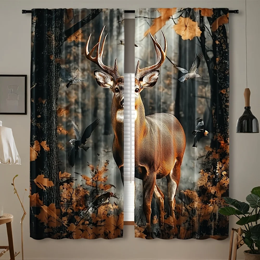 Dramatic Autumn Woodland Deer Stag Curtains Fall Forest Animal Print Rustic Nature Window Drapes Home Decor