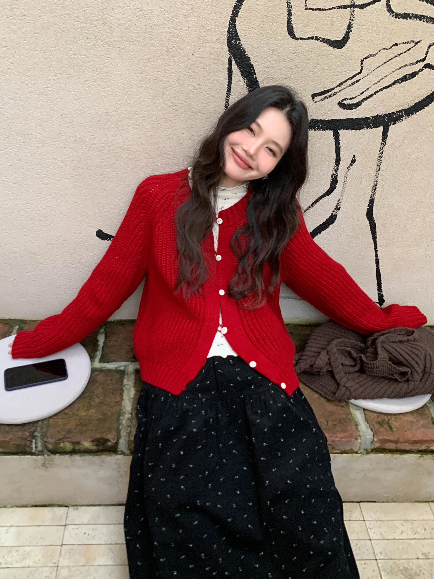 

Красный вязаный свитер Thiened, пальто, женский зимний новый Sle Pure Color Match All Lazy Sle, вязаный топ, теплый, с подогревом, длинный ...