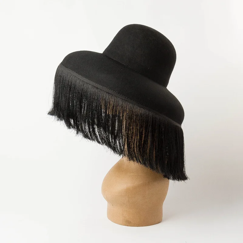 Autumn Winter New Round Top Drooping Brim Hat with Fringe Wool Fedora Fashion Retro Wool Felt Hat