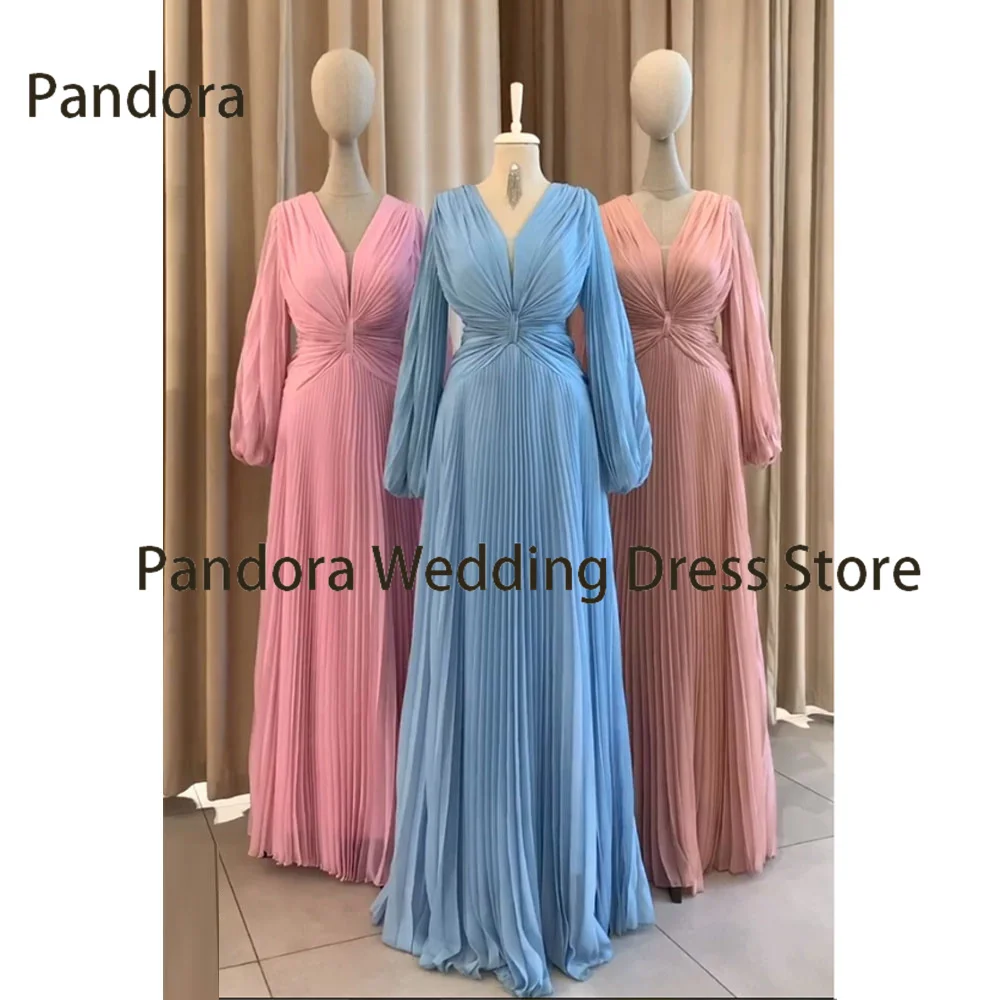 Pandora V-neck floor-length formal evening dress with full sleeve pleated ball gown, Arab Lady birthday wedding party dress