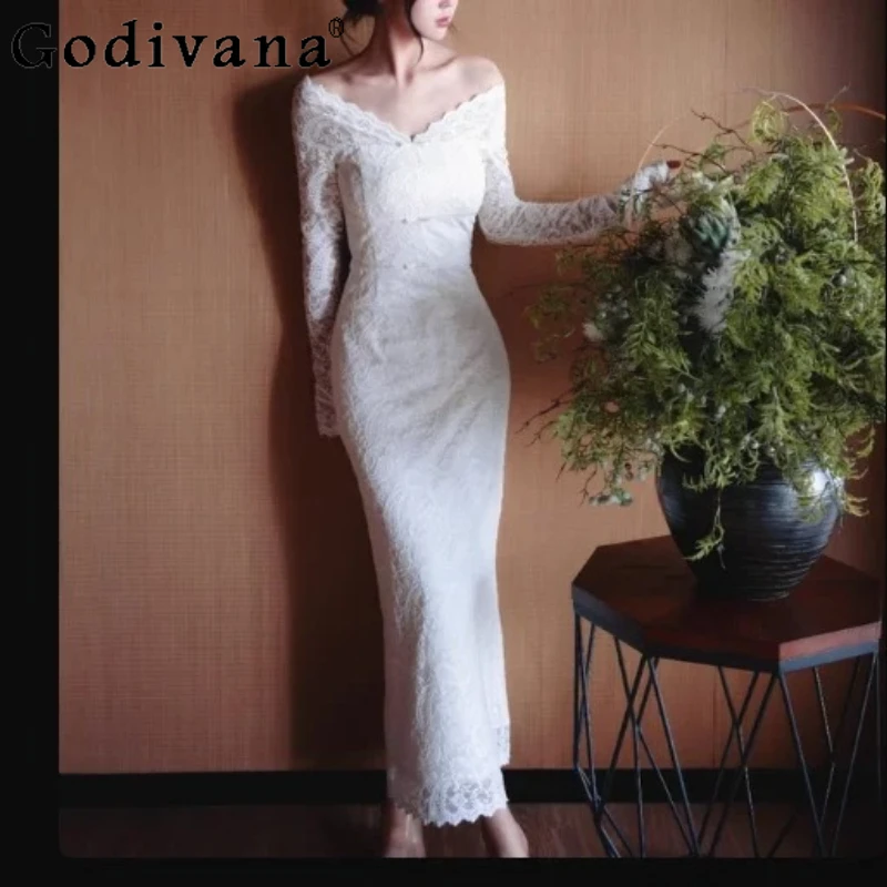 

Spring Autumn French New Sexy V-Neck Long Sleeve Beautyful Dresses Fashion High Waist Slim Elegant White Party Princess Dress