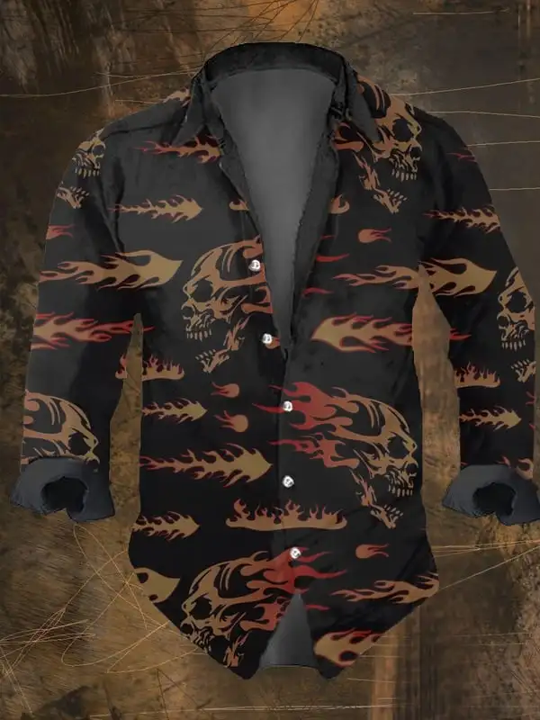 2024 Men\'s Vintage Dark Skull Print Long Sleeve Shirt - Skull Print,Regular Fit,, Lapel Collar, Polyester Blend,Halloween Party