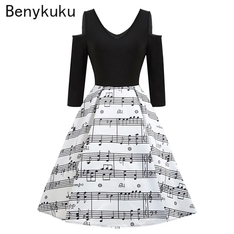 Music Note Print V-neck Vintage Dress Summer Long Sleeve Rockabilly Pin Up Party Dress Women Sexy Cold Shoulder Womens Clothing