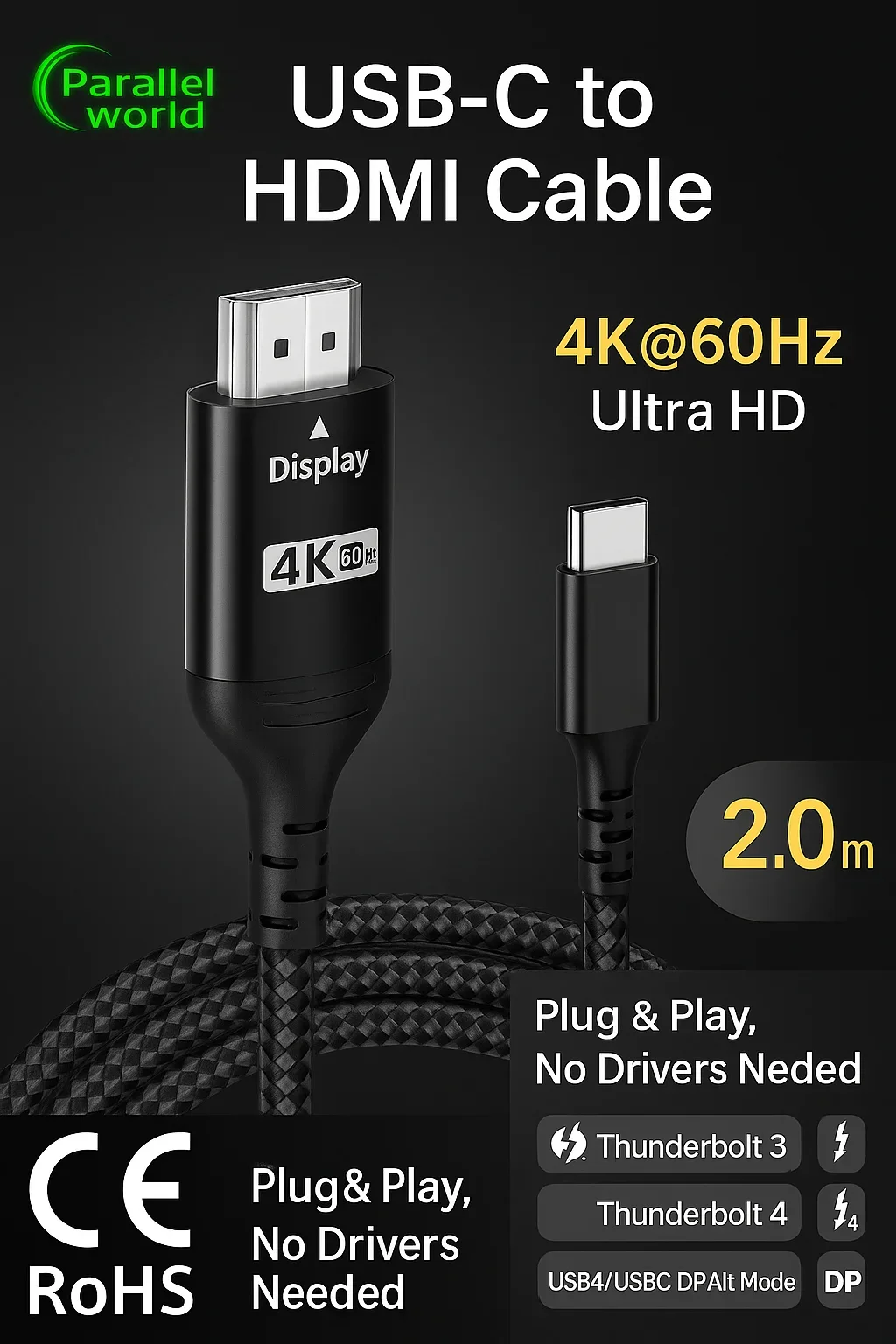 

Кабель USB-C — HDMI 4K, 60 Гц, шнур-переходник Type-C — HDMI для MacBook Pro/Air, iPad Pro, Galaxy S24, Surface, Dell XPS, Leno