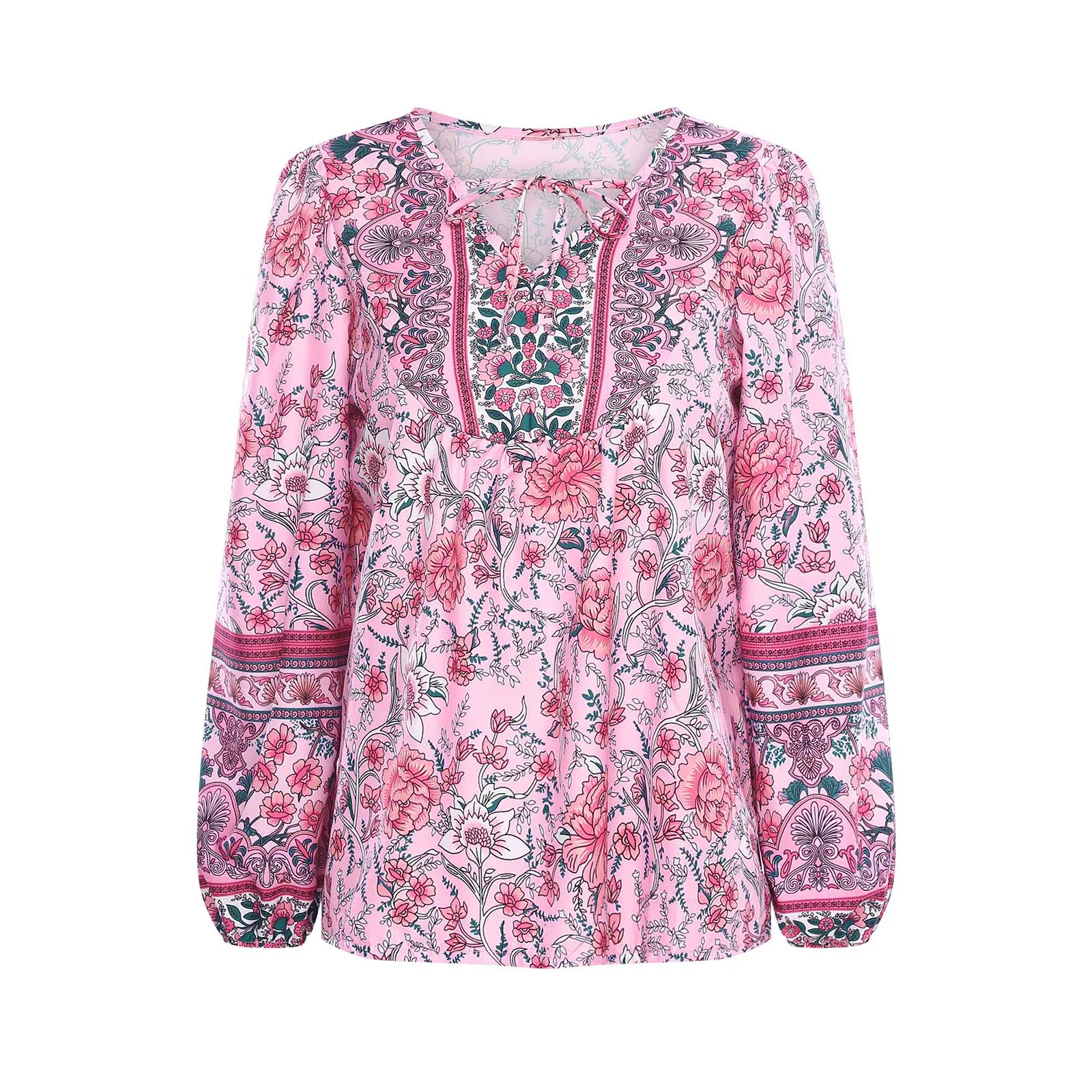 

Women Fashionable Boho V-neck Long Sleeve Floral Pattern Self-tied Strap Loose Tunic Casual Blouse Tops for Holiday Daily Wear