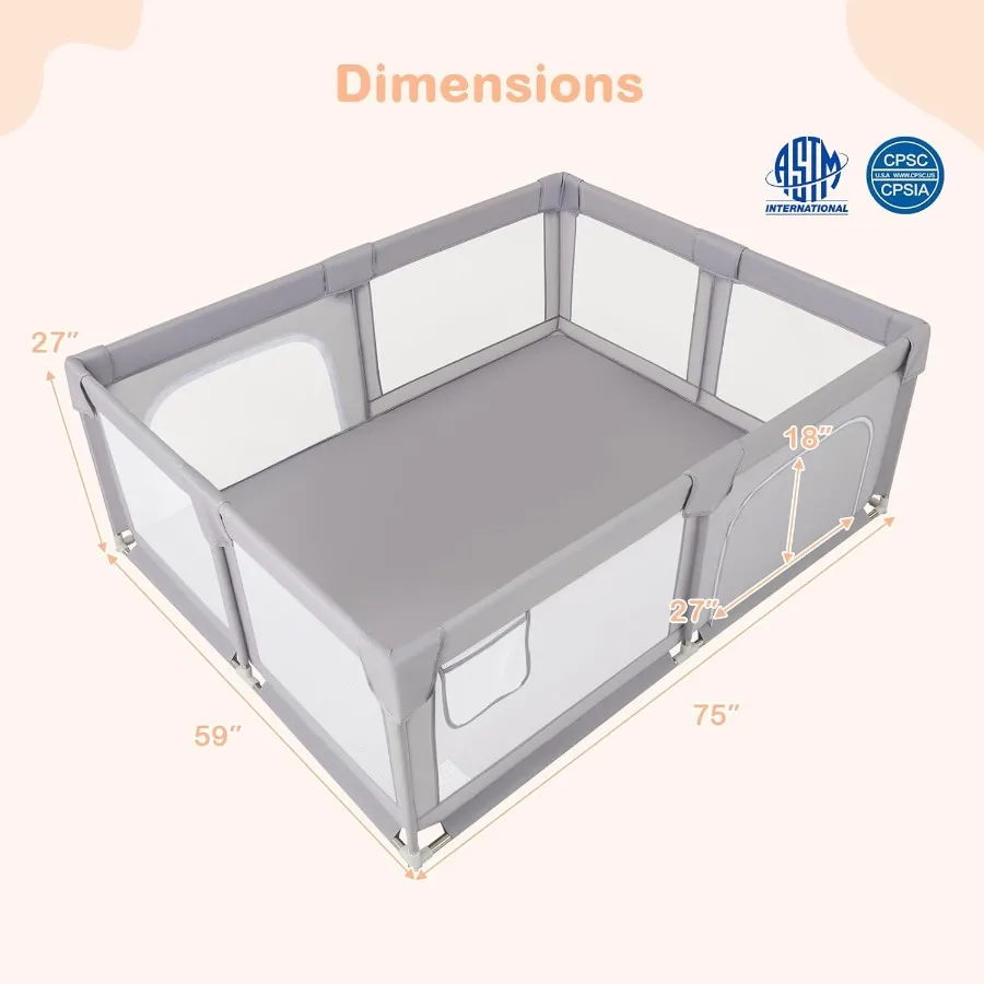 روضة أطفال كبيرة مقاس 75 بوصة × 59 بوصة مركز أنشطة للأطفال الصغار مع أبواب بسحاب حقيبة تخزين شبكية للاستخدام الداخلي والخارجي وساحة لعب للأطفال