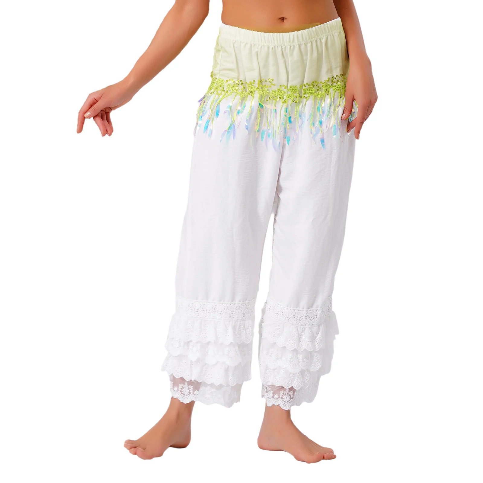 Women Belly Dance Hip Scarf Willow Leaf Shaped Sequin Tassel Patchwork Mesh Lace-up Waist Chain Skirt Oriental Dance Costume