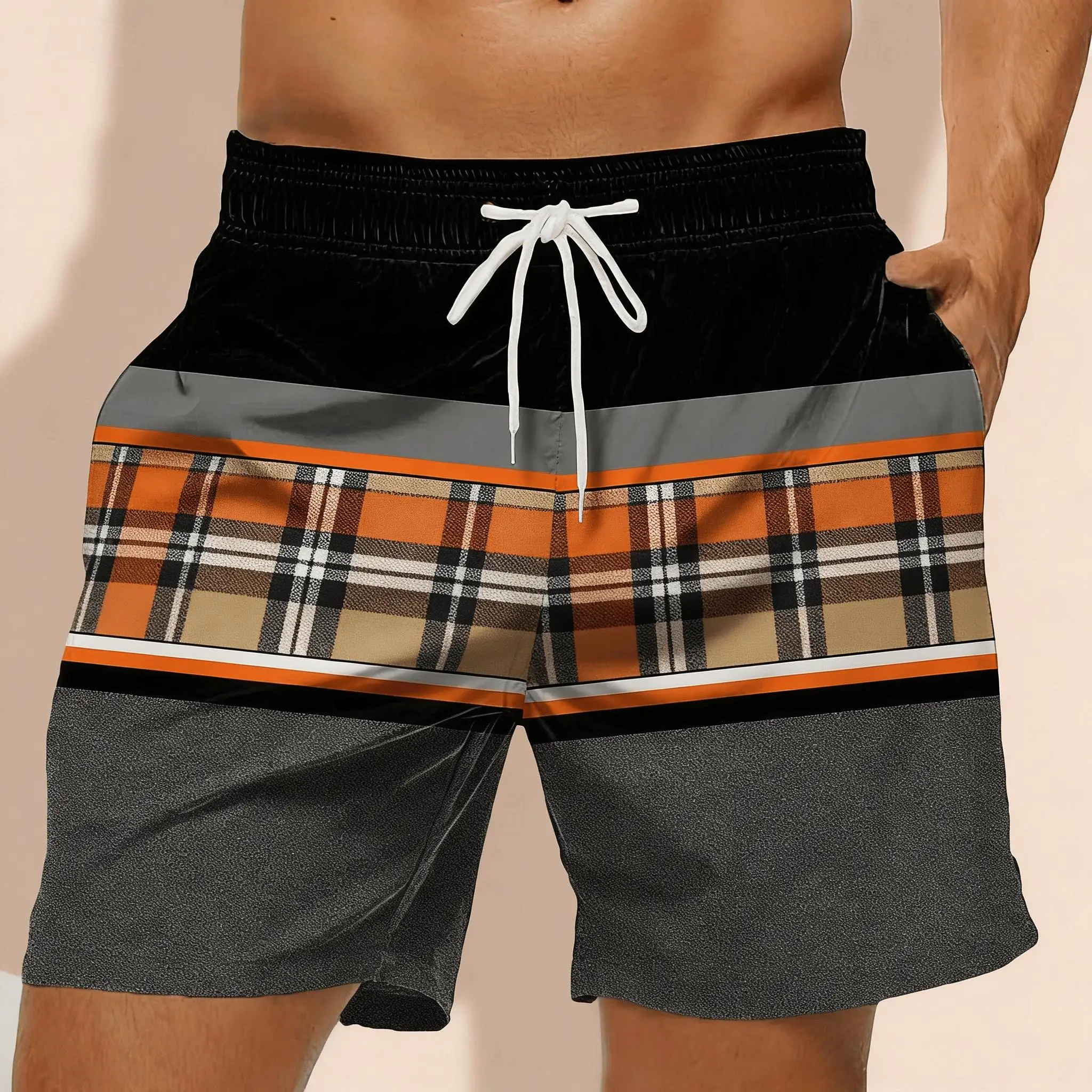 Men's Black-Grey-Orange Patchwork Drawstring Shorts, Spring Summer Retro Casual Loose Beach Shorts